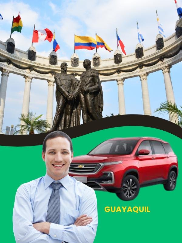 Equipo FASTCAR con Chevrolet Captiva; fondo La Rotonda Guayaquil – alquiler de autos en Guayaquil